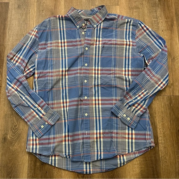 Tommy Hilfiger Men Flannel Shirt XXL Blue Long Sleeve Custom FIT Check 90s Look￼ - Picture 1 of 10